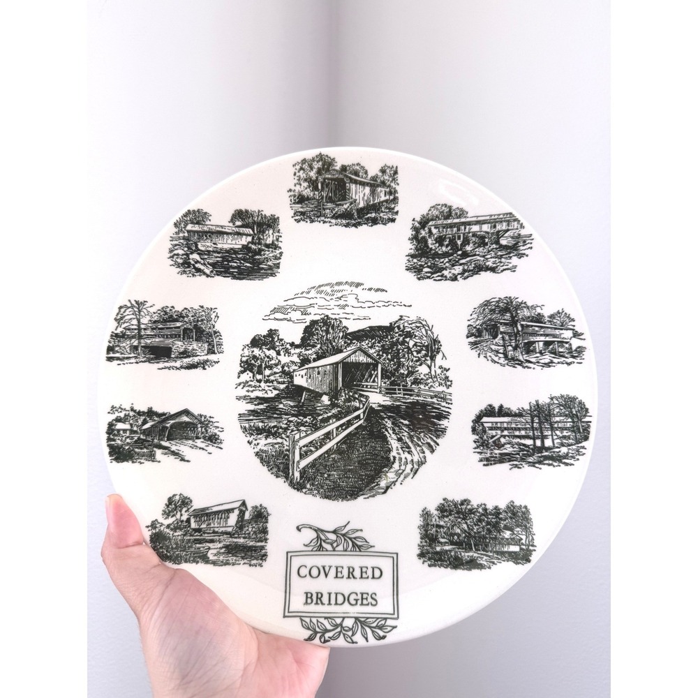 Lith‎ O Sketch Covered Bridges Plate 10" Green White Americana Vintage Souvenir